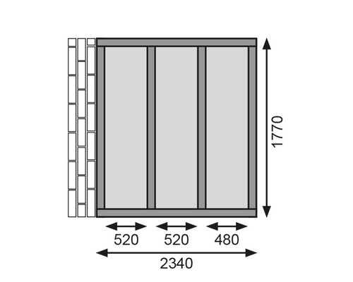 Technische Zeichnung einer Gartenhauswand mit Maßangaben