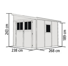 Abbildung eines Gartenhauses mit den Maßen 238 mal 268 Zentimeter und einer Höhe von 243 Zentimetern an der Vorderseite und 189 Zentimetern an der Rückseite.