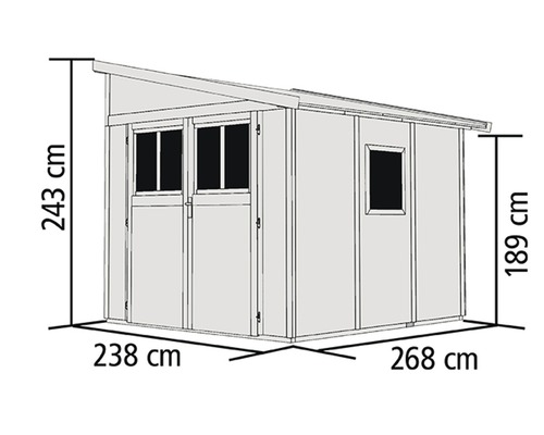 Abbildung eines Gartenhauses mit den Maßen 238 mal 268 Zentimeter und einer Höhe von 243 Zentimetern an der Vorderseite und 189 Zentimetern an der Rückseite.