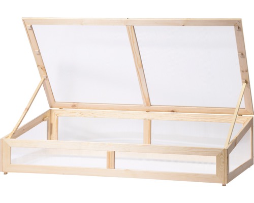 Frühbeet aus Holz mit geöffnetem Deckel