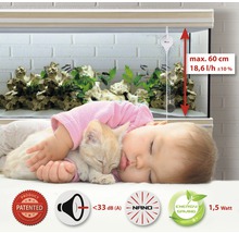 Aquarium mit schlafendem Baby und Katze sowie Informationen zu Produktpatent, Lautstärke, Nano-Technologie, Energiesparen und Wattzahl