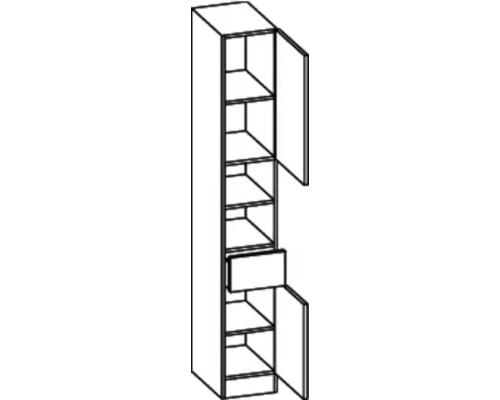 Abbildung eines Badezimmerschranks mit Schublade und mehreren Regalböden