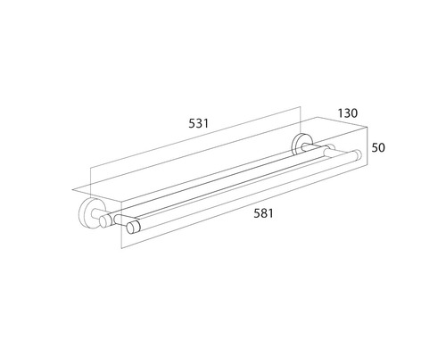 Technische Zeichnung eines Handtuchhalters mit Ablage und Maßangaben.