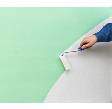 Eine Person streicht eine Wand mit einer Farbwalze