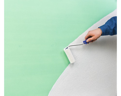 Eine Person streicht eine Wand mit einer Farbwalze