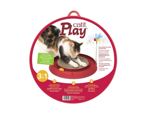 Catit Play Katzenspielzeug mit Kratzbrett in roter Verpackung.