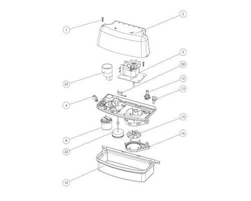 Explosionszeichnung eines Geräts mit verschiedenen Einzelteilen und Baugruppen