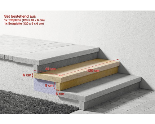 Set bestehend aus Trittplatte und Setzplatte für Treppen mit Maßangaben