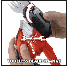 Illustration des werkzeuglosen Messerwechsels einer Akku Gras- und Strauchschere.