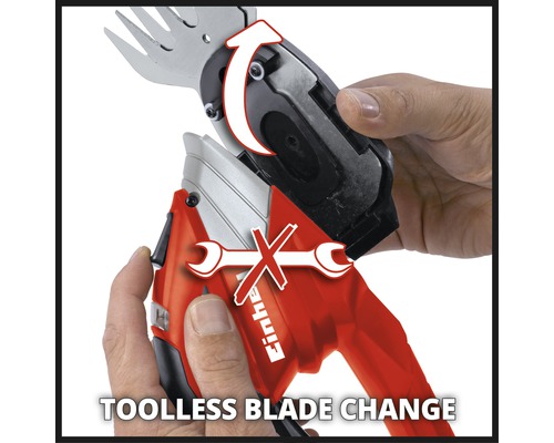 Illustration des werkzeuglosen Messerwechsels einer Akku Gras- und Strauchschere.