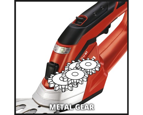 Detailaufnahme einer Heckenschere mit Metallgetriebe