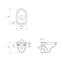 Technische Zeichnung einer Wandtoilette mit Maßangaben