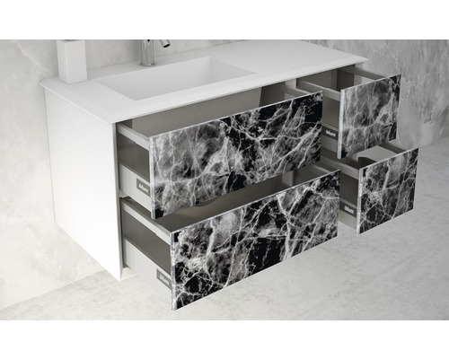 Waschtischunterschrank mit offenem Schubladensystem und Marmoroptik