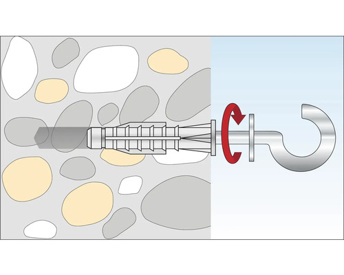 Illustration eines Dübels mit Hakenschraube in einer Wand