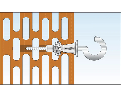Illustration eines Hohlraumdübels mit Schraube und Haken in einer Lochwand