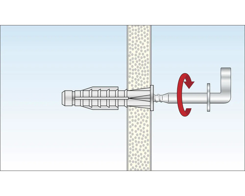 Illustration einer Schraube mit Dübel in einer Wand und einem daran befestigten Winkel, der mit einem Pfeil in eine Drehbewegung versetzt wird.