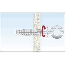 Illustration eines Dübels mit Ringschraube und rotem Pfeil zur Drehrichtung