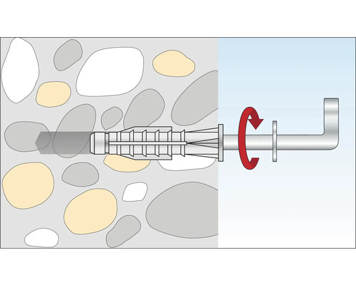 Illustration einer Dübelbefestigung in einer Wand mit Drehbewegung.