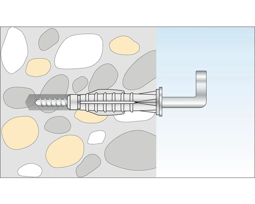 Illustration einer Dübelbefestigung in einer Steinwand mit einem Haken