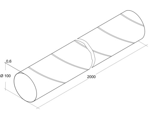 Abbildung eines Lüftungskanals mit den Maßen 100 Millimeter Durchmesser, 0,6 Millimeter Wandstärke und 2000 Millimeter Länge