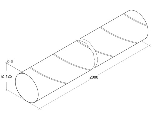 Illustration eines Wickelfalzrohrs mit den Maßen 125 Millimeter Durchmesser und 2000 Millimeter Länge