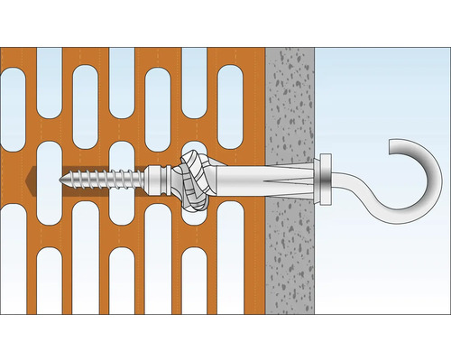 Illustration eines Hohlraumdübels mit Schraubhaken in einer Wand.