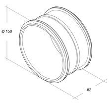 Technische Zeichnung eines Rohrmuffenverbinders mit den Maßen 150 Millimeter Durchmesser und 82 Millimeter Länge.