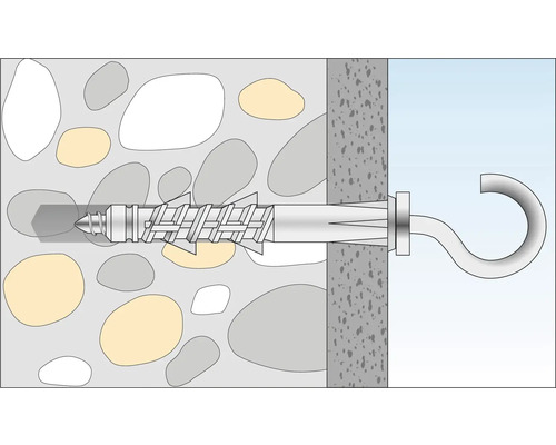 Illustration eines Dübels mit Hakenbefestigung in einer Wand