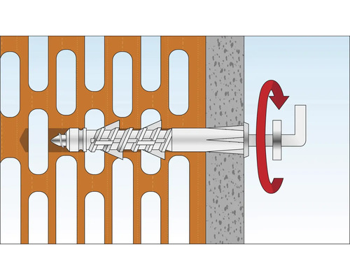 Illustration eines Schraubankers in einer Lochfassade und einer Betonwand mit Drehbewegung