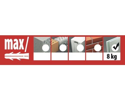 max Markierung für verschiedene Baumaterialien und eine Gewichtsgrenze von 8 Kilogramm.