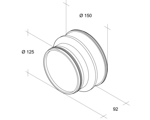 Technische Zeichnung eines Rohrverbindungsstücks mit den Durchmessern 125 Millimeter und 150 Millimeter sowie einer Länge von 92 Millimetern.