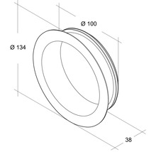 Technische Zeichnung einer Rosette mit den Durchmessern 100 Millimeter und 134 Millimeter sowie einer Tiefe von 38 Millimeter.