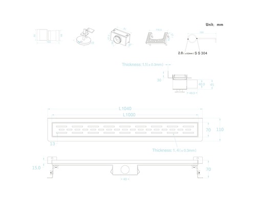 Technische Zeichnung einer Duschrinne mit Maßen und Details