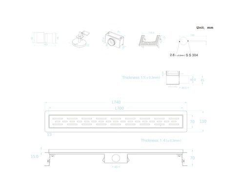 Technische Zeichnung einer Duschrinne mit Maßen