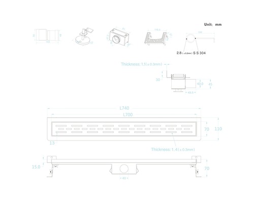 Technische Zeichnung einer Duschrinne mit Maßen.