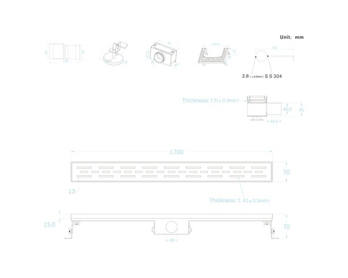 Technische Zeichnung einer Duschrinne mit Maßen.