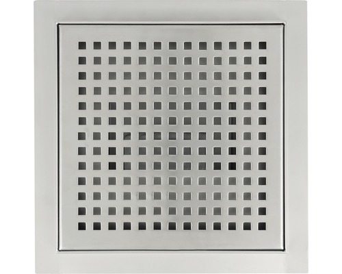 Quadratischer Bodenablauf aus Edelstahl mit quadratischen Löchern.