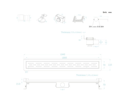 Technische Zeichnung eines Duschablaufs mit Maßen und Details.