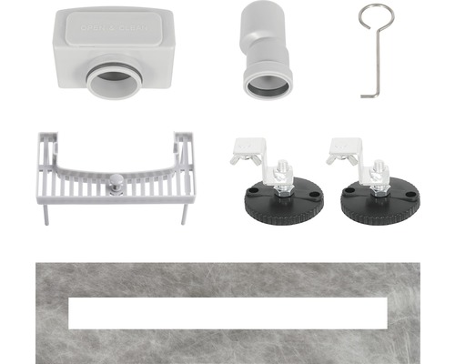 Aufsicht auf ein Montage-Set für Duschrinnen, bestehend aus Ablaufgehäuse, Siphon, Montagewinkel, Dichtmanschette und weiterem Zubehör
