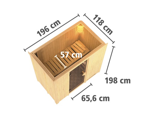 Elementsauna Karibu Mariado inkl. 9 kW Ofen u.integr.Steuerung ohne Dachkranz mit Ganzglastüre aus Klarglas