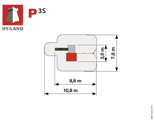 Grundrisszeichnung des Hy-Land P3S Spielplatzes mit Maßangaben