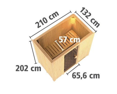 Elementsauna Karibu Mariado inkl. 9 kW Ofen u.integr.Steuerung mit Dachkranz und Ganzglastüre aus Klarglas