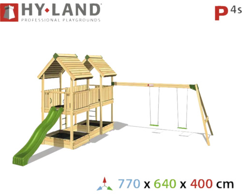 Spielplatz mit Schaukel, Rutsche und Spielturm aus Holz