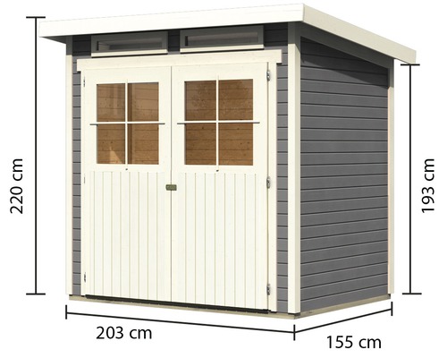 Gartenhaus mit Doppeltür und Größenangaben 220 cm, 193 cm, 203 cm und 155 cm