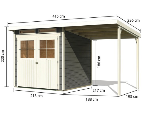 Abbildung eines Gartenhauses mit Carport und Größenangaben