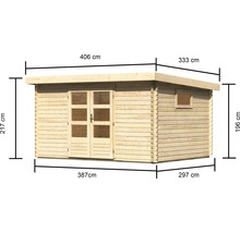 Abbildung eines Holzhauses mit Maßangaben in Zentimetern.