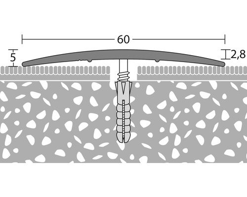 Illustration eines Übergangsprofils mit einer Breite von 60 Millimetern, einer Höhe von 5 Millimetern und einer Stärke von 2,8 Millimetern, das mit einer Schraube und einem Dübel am Boden befestigt ist