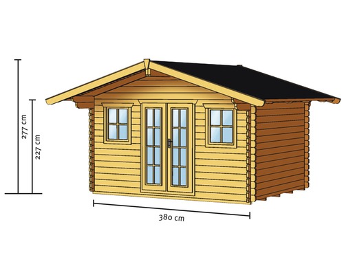 Illustration eines Gartenhauses aus Holz mit Doppeltür und Fenster, Maße 380 x 277 x 227 cm.