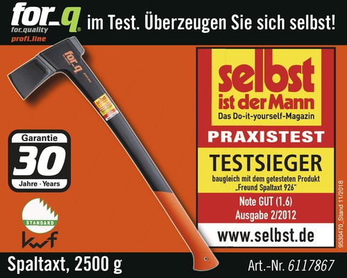 For-q Spaltaxt mit 2500 Gramm Gewicht, 30 Jahre Garantie und KWF Standard Siegel