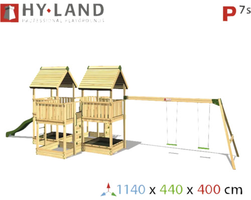 Holzspielplatz mit zwei Türmen, Rutsche und Schaukel